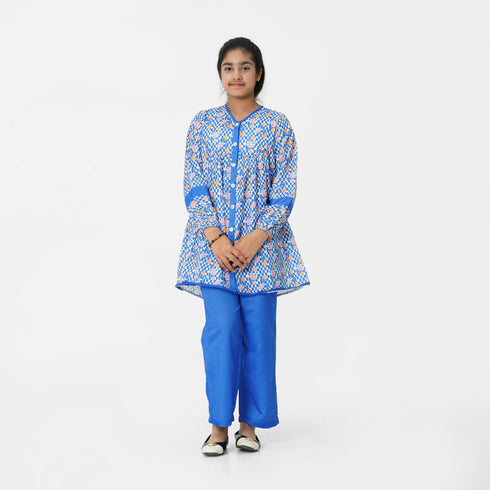 Blue Printed Buttoned Eastern Set